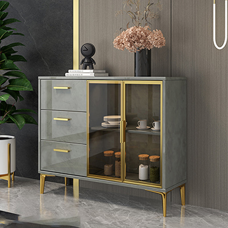 Contemporary Gray Sideboard Wood Buffet Server with Glass Doors