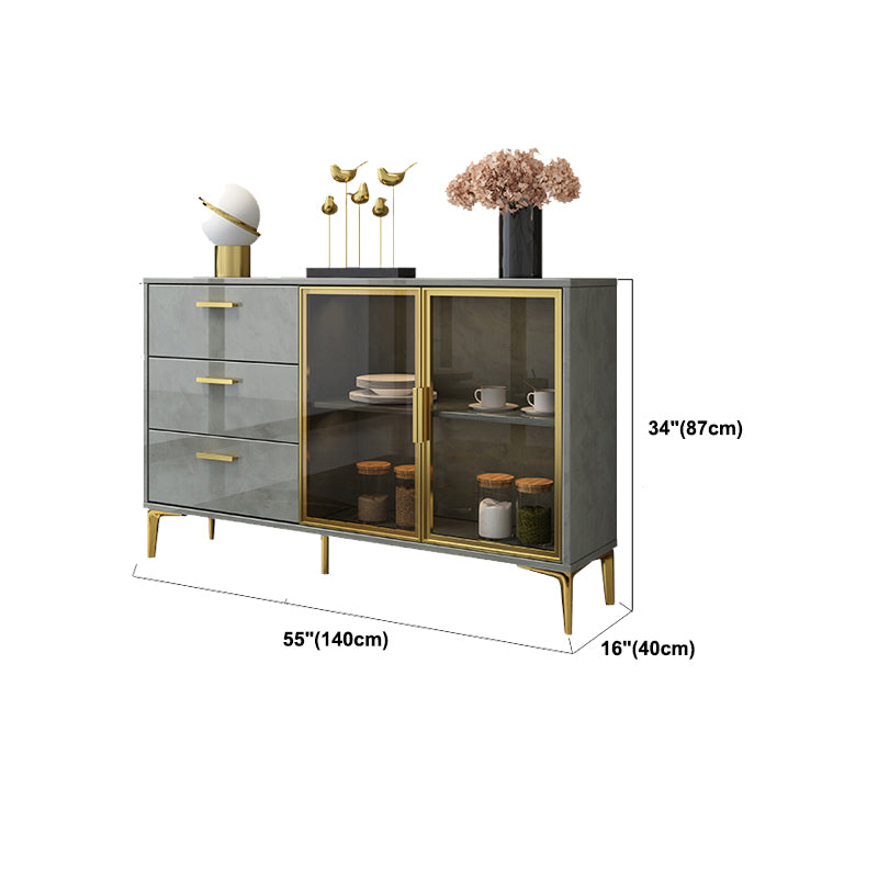 Contemporary Gray Sideboard Wood Buffet Server with Glass Doors