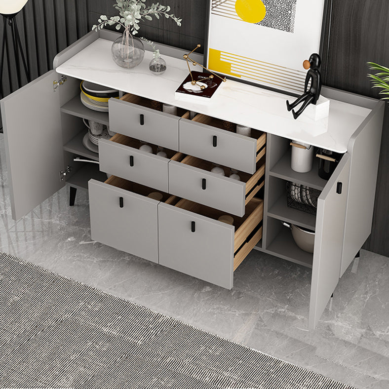 Modern Gray Sideboard Table with Drawers Wood and Stone Buffet Server