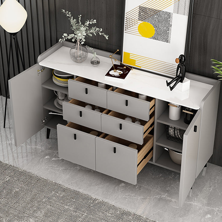 Modern Gray Sideboard Table with Drawers Wood and Stone Buffet Server