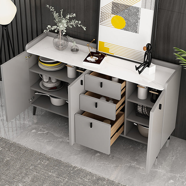 Modern Gray Sideboard Table with Drawers Wood and Stone Buffet Server