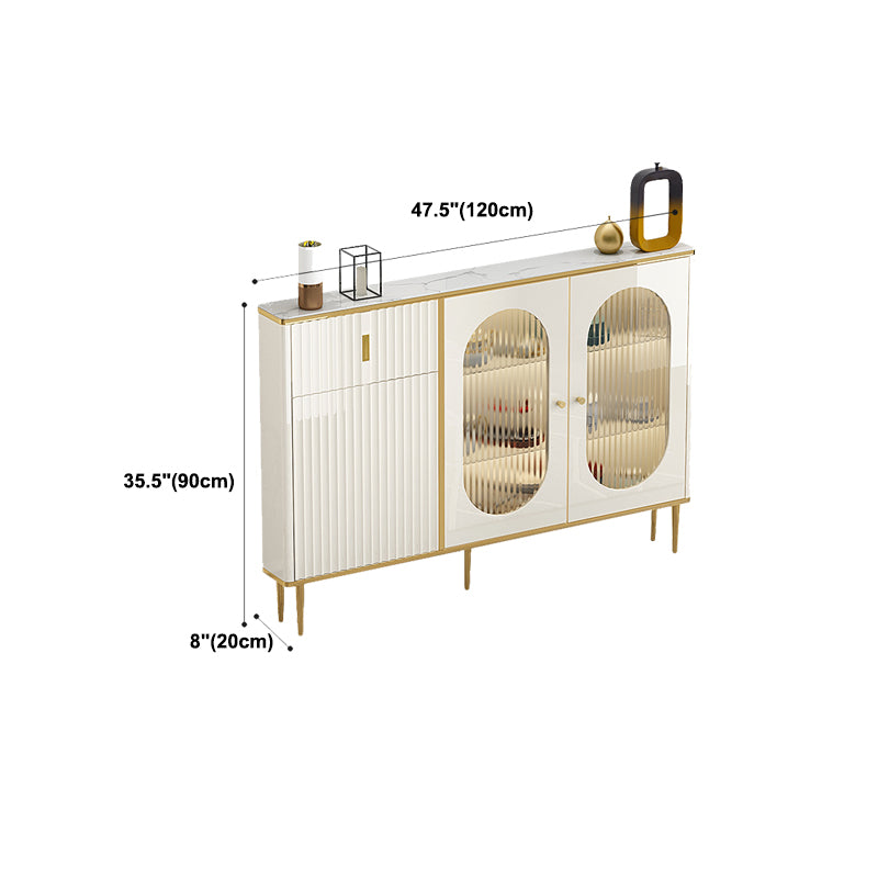 White Buffet Server with Glass Doors Glam Dining Server for Kitchen