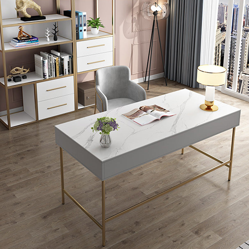 Marble Rectangular Office Desk Glam Solid Wood Writing Desk for Home