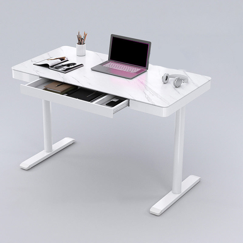 Contemporary Marble T-Shape Office Desk with Metal Legs Writing Desk