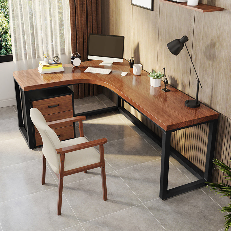 L-Shape Executive Desk Brown and Black Writing Desk Pine and Metal