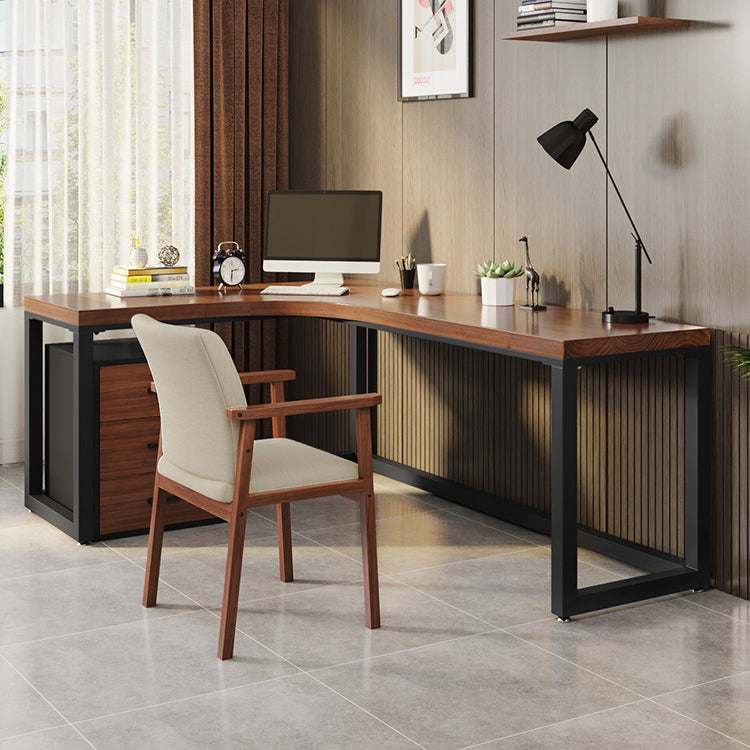 L-Shape Executive Desk Brown and Black Writing Desk Pine and Metal