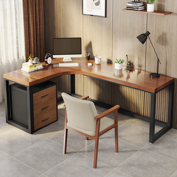 L-Shape Executive Desk Brown and Black Writing Desk Pine and Metal