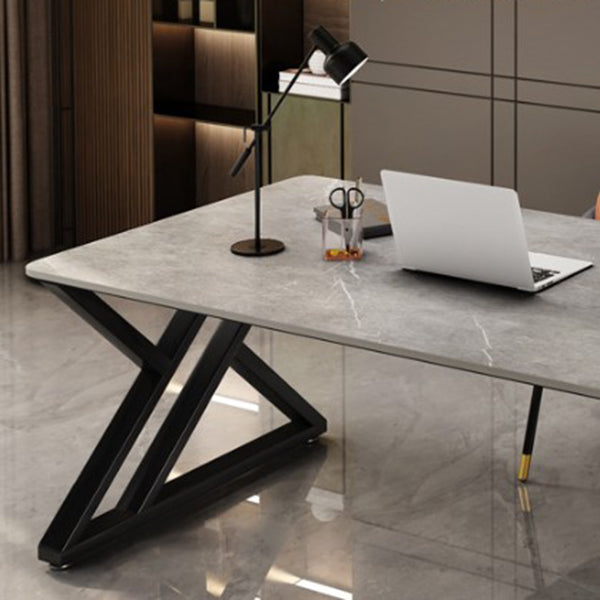 White and Grey Computer Desk Rectangular Writing Desk Stone and Metal