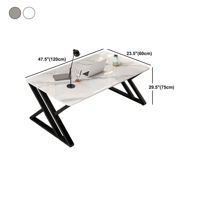 White and Grey Computer Desk Rectangular Writing Desk Stone and Metal