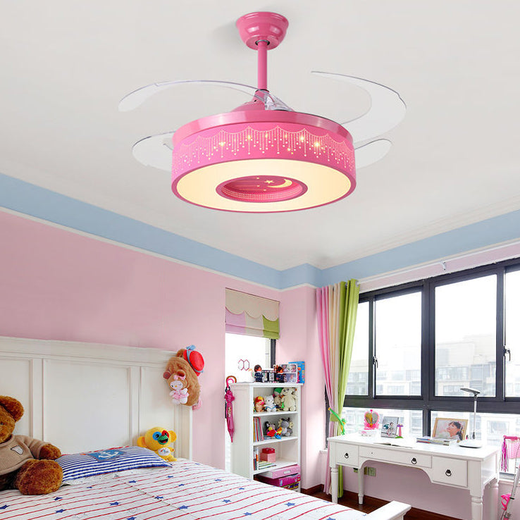 Cartoon Style Ceiling Fan Lamp Cylinder Shape LED Ceiling Fan Light for Children's Room