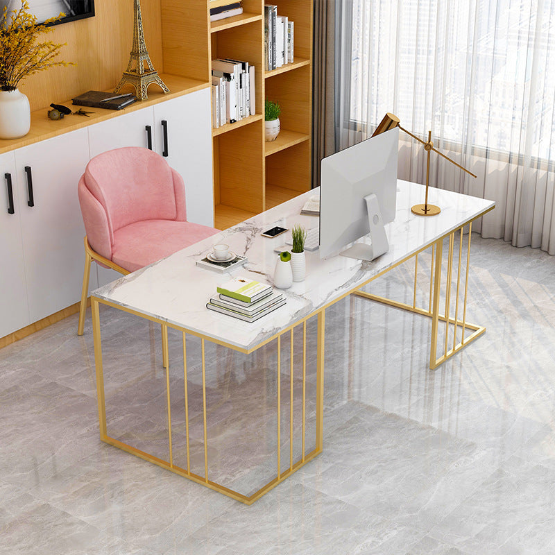 Rectangular Glam Marble Office Desk Gold H-Shape Writing Desk