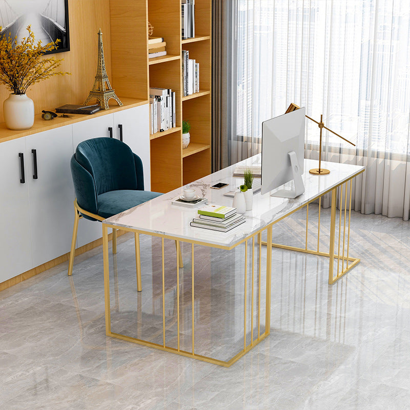 Rectangular Glam Marble Office Desk Gold H-Shape Writing Desk