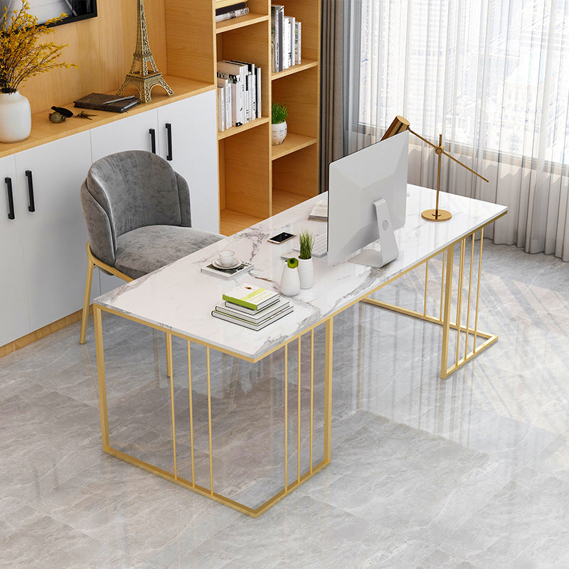 Rectangular Glam Marble Office Desk Gold H-Shape Writing Desk