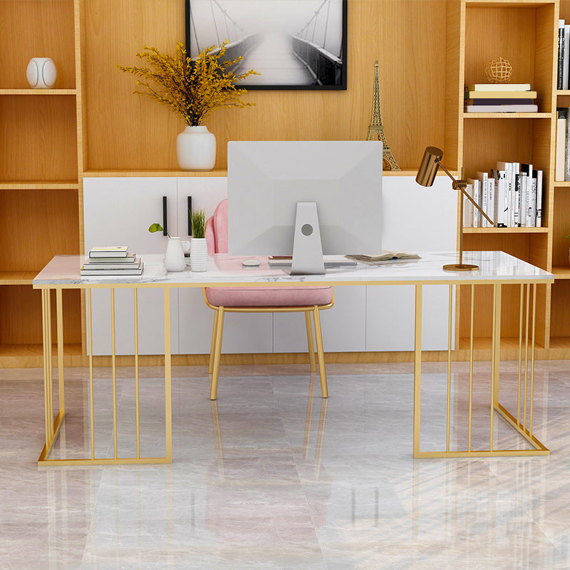 Rectangular Glam Marble Office Desk Gold H-Shape Writing Desk