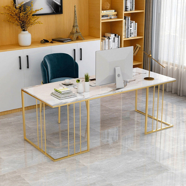 Rectangular Glam Marble Office Desk Gold H-Shape Writing Desk