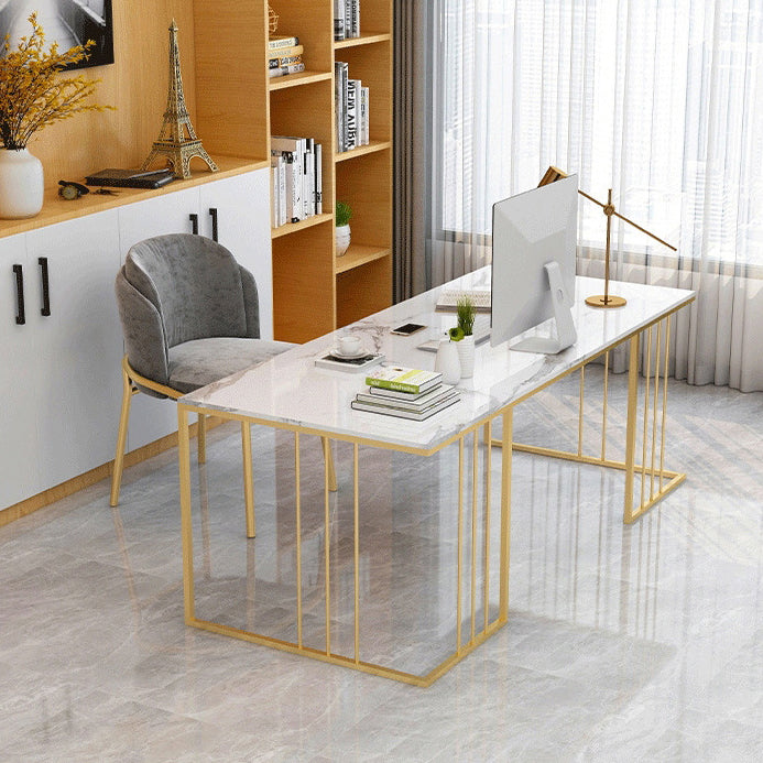 Rectangular Glam Marble Office Desk Gold H-Shape Writing Desk