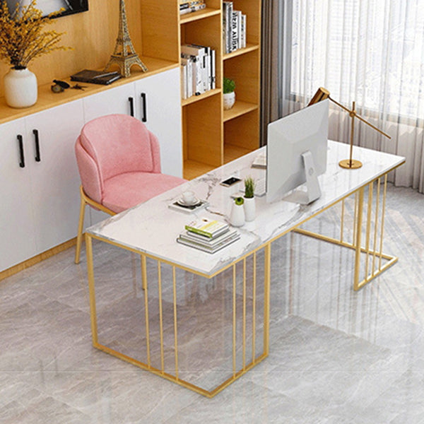 Rectangular Glam Marble Office Desk Gold H-Shape Writing Desk