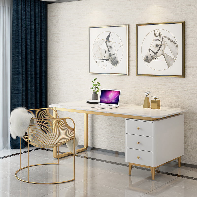 Glam White Marble Writing Desk with 3-Drawer Rectangular Office Desk