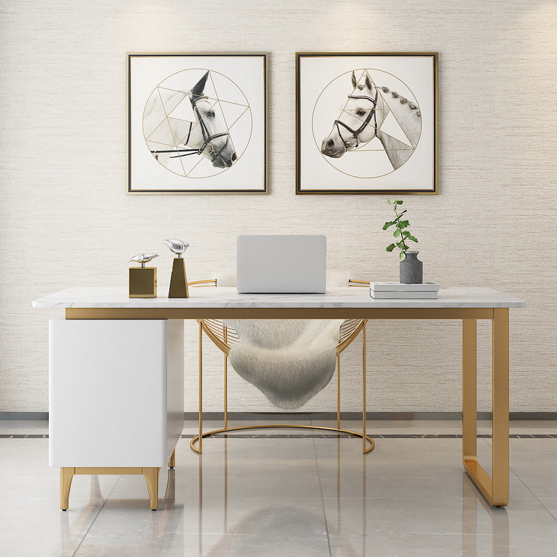 Glam White Marble Writing Desk with 3-Drawer Rectangular Office Desk