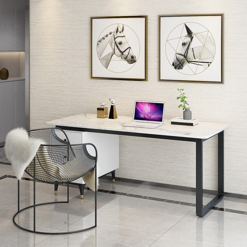 Glam White Marble Writing Desk with 3-Drawer Rectangular Office Desk