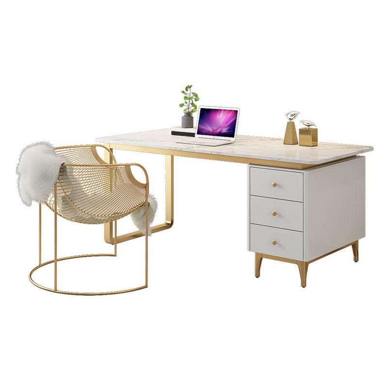 Glam White Marble Writing Desk with 3-Drawer Rectangular Office Desk