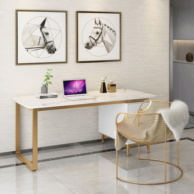 Glam White Marble Writing Desk with 3-Drawer Rectangular Office Desk