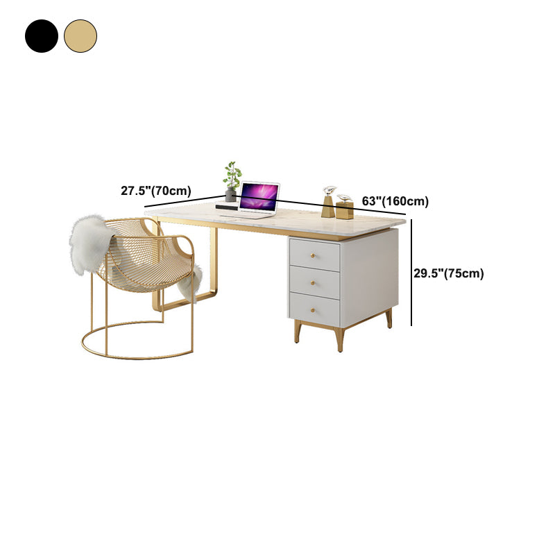 Glam White Marble Writing Desk with 3-Drawer Rectangular Office Desk