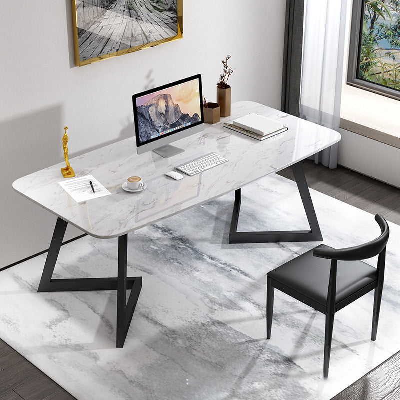 Glam Marble Rectangular Office Desk with Metal Legs White Writing Desk