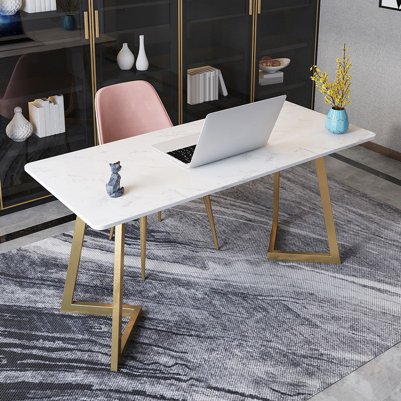 Glam Marble Rectangular Office Desk with Metal Legs White Writing Desk