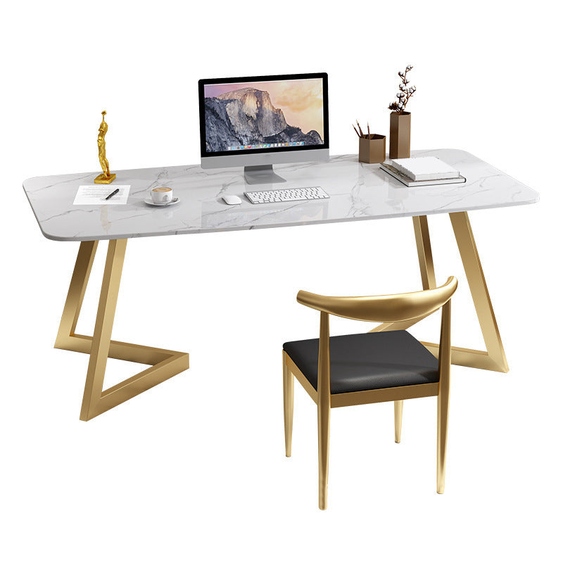 Glam Marble Rectangular Office Desk with Metal Legs White Writing Desk