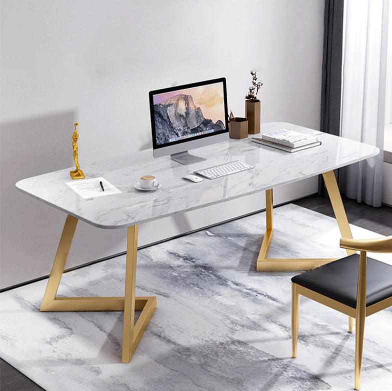 Glam Marble Rectangular Office Desk with Metal Legs White Writing Desk