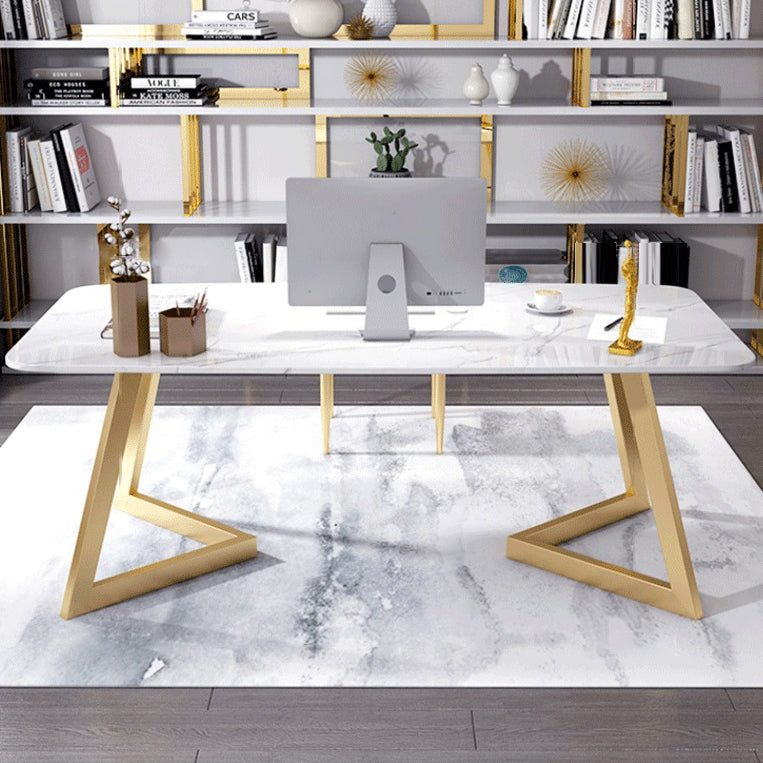 Glam Marble Rectangular Office Desk with Metal Legs White Writing Desk