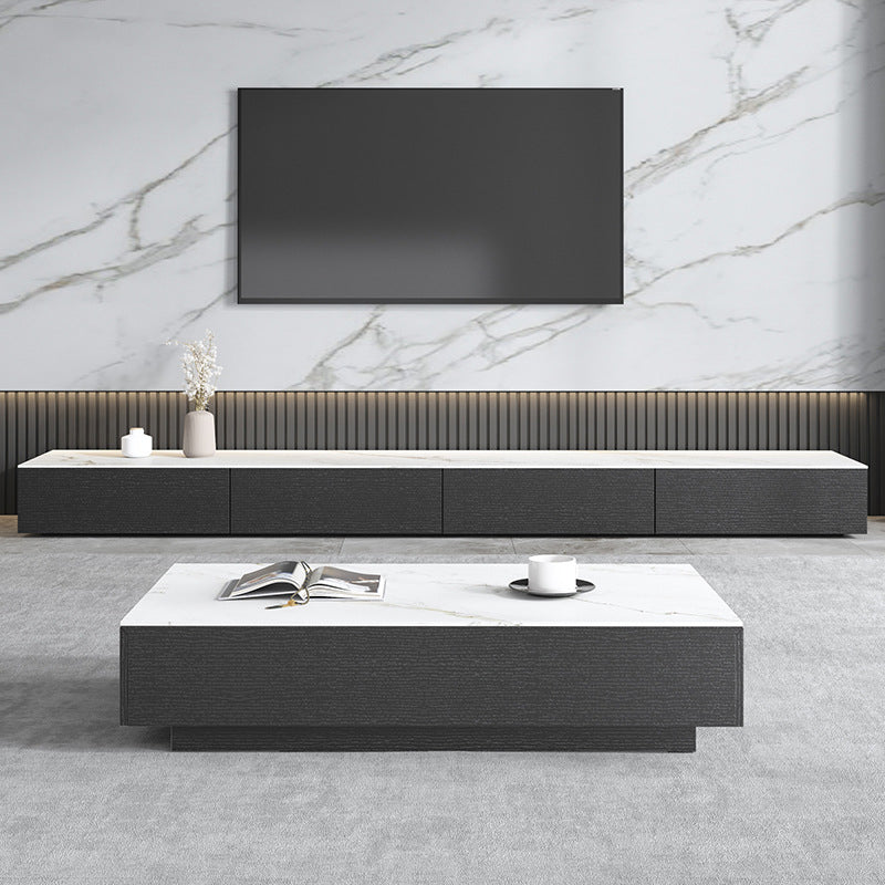 Contemporary Stone TV Stand White & Black TV Media Console with Drawers for Living Room