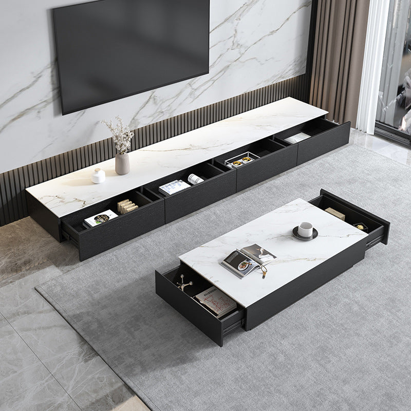 Contemporary Stone TV Stand White & Black TV Media Console with Drawers for Living Room