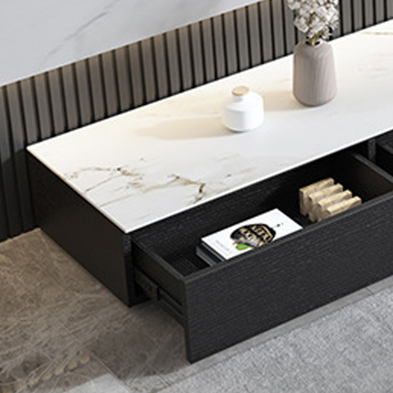 Contemporary Stone TV Stand White & Black TV Media Console with Drawers for Living Room