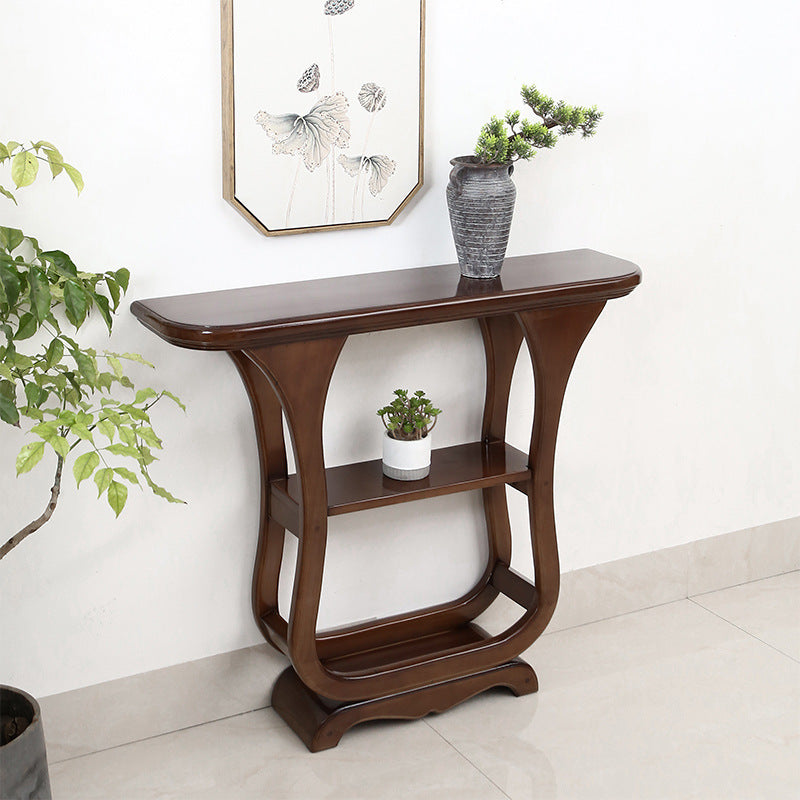 33.46" Tall Half Moon Accent Table Solid Wood Console Table with Shelves