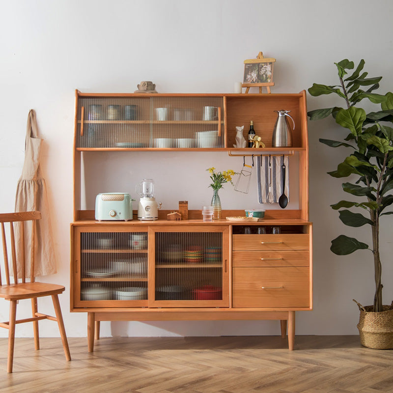 3 Drawer Side Board Adjustable Shelves Pine Solid Wood Credenza with Sliding Door