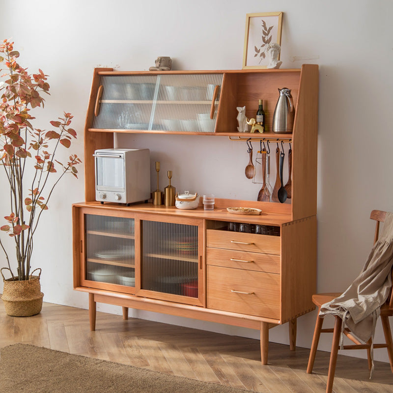 3 Drawer Side Board Adjustable Shelves Pine Solid Wood Credenza with Sliding Door