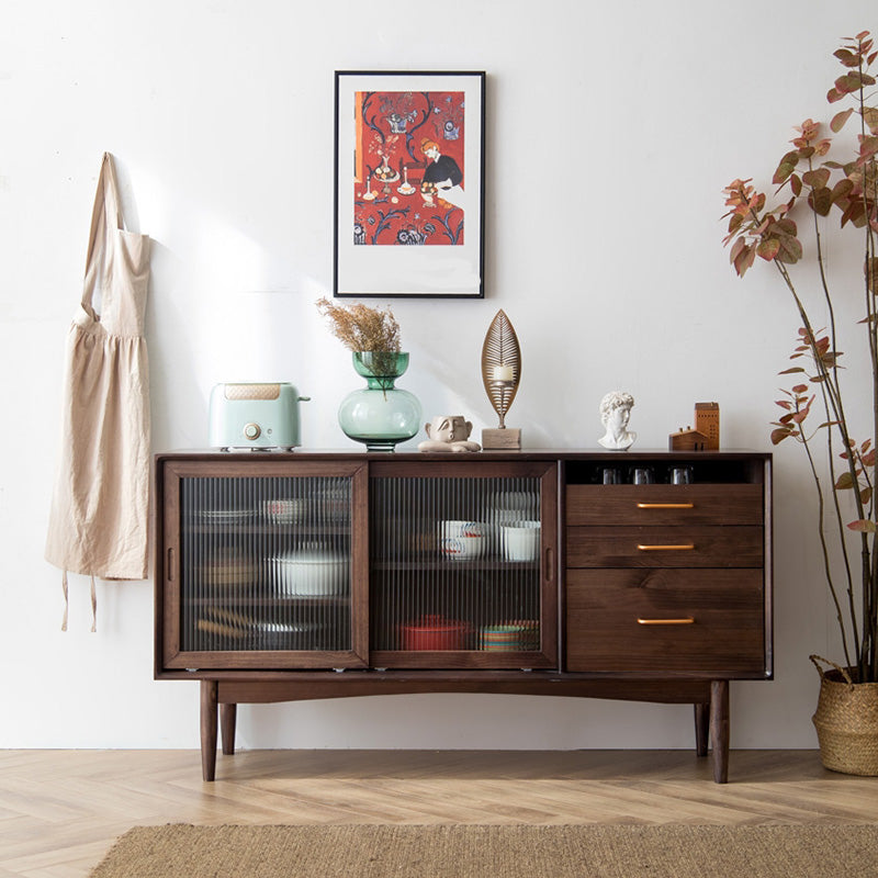 3 Drawer Side Board Adjustable Shelves Pine Solid Wood Credenza with Sliding Door