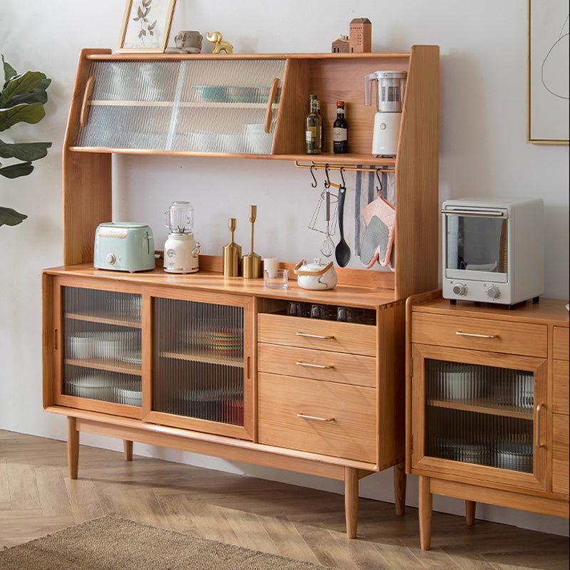 3 Drawer Side Board Adjustable Shelves Pine Solid Wood Credenza with Sliding Door