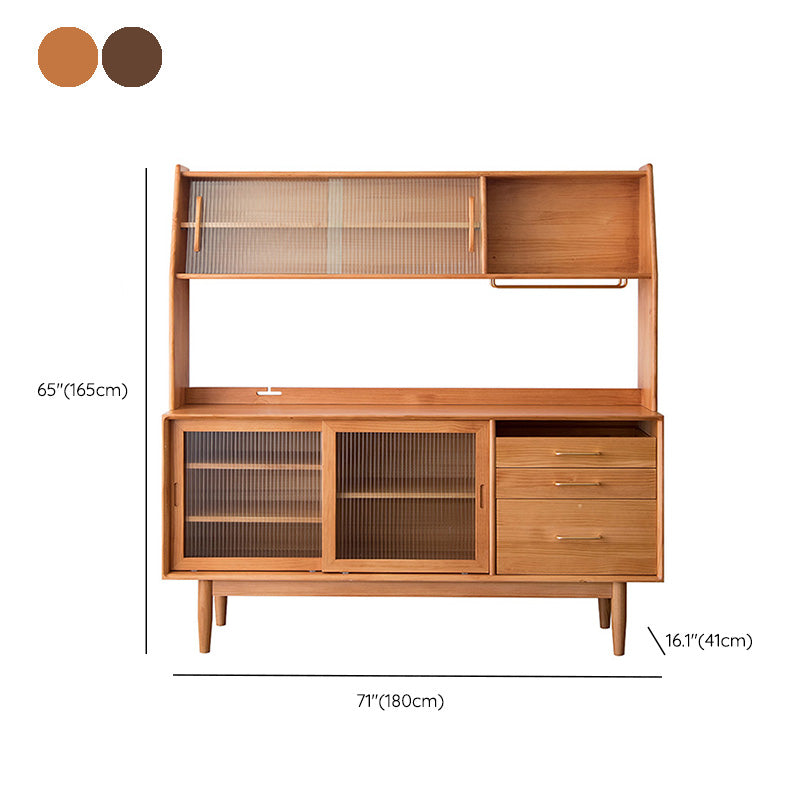 3 Drawer Side Board Adjustable Shelves Pine Solid Wood Credenza with Sliding Door