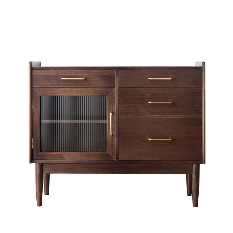 Modern Pine Solid Wood Sideboard 4-drawer Antique Finish Dining Server with Glass Door