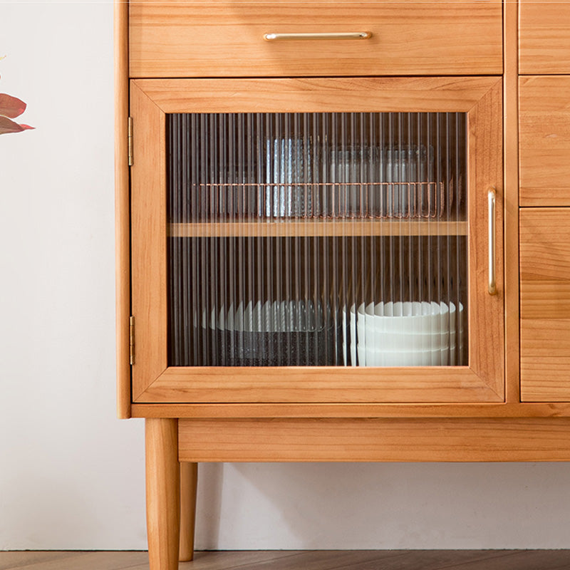 Modern Pine Solid Wood Sideboard 4-drawer Antique Finish Dining Server with Glass Door