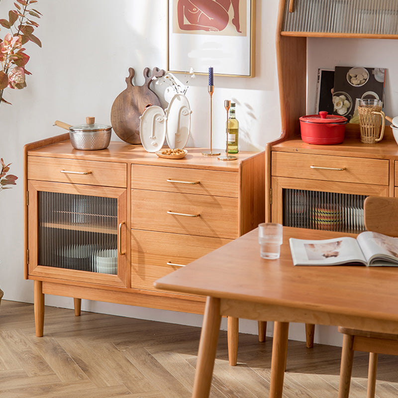 Modern Pine Solid Wood Sideboard 4-drawer Antique Finish Dining Server with Glass Door