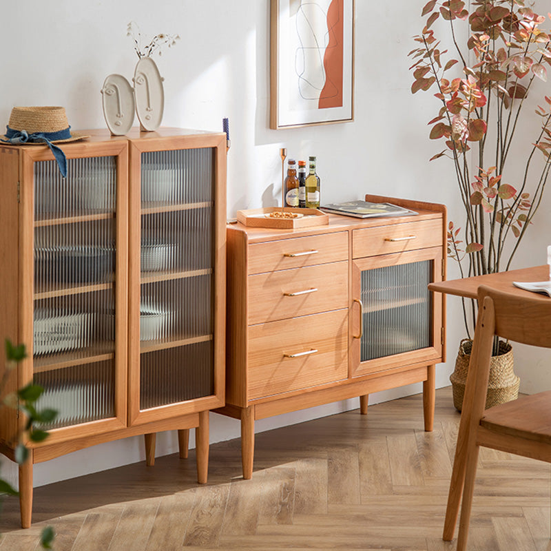 Modern Pine Solid Wood Sideboard 4-drawer Antique Finish Dining Server with Glass Door