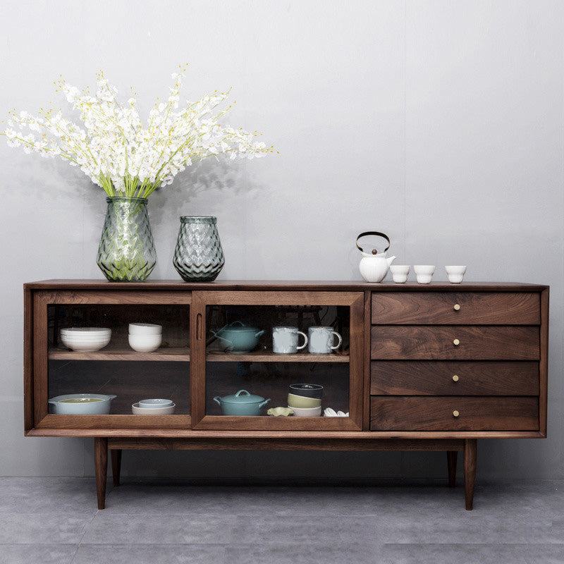 Modern Sideboard 4-drawer Solid Wood Dining Buffet with Sliding Door