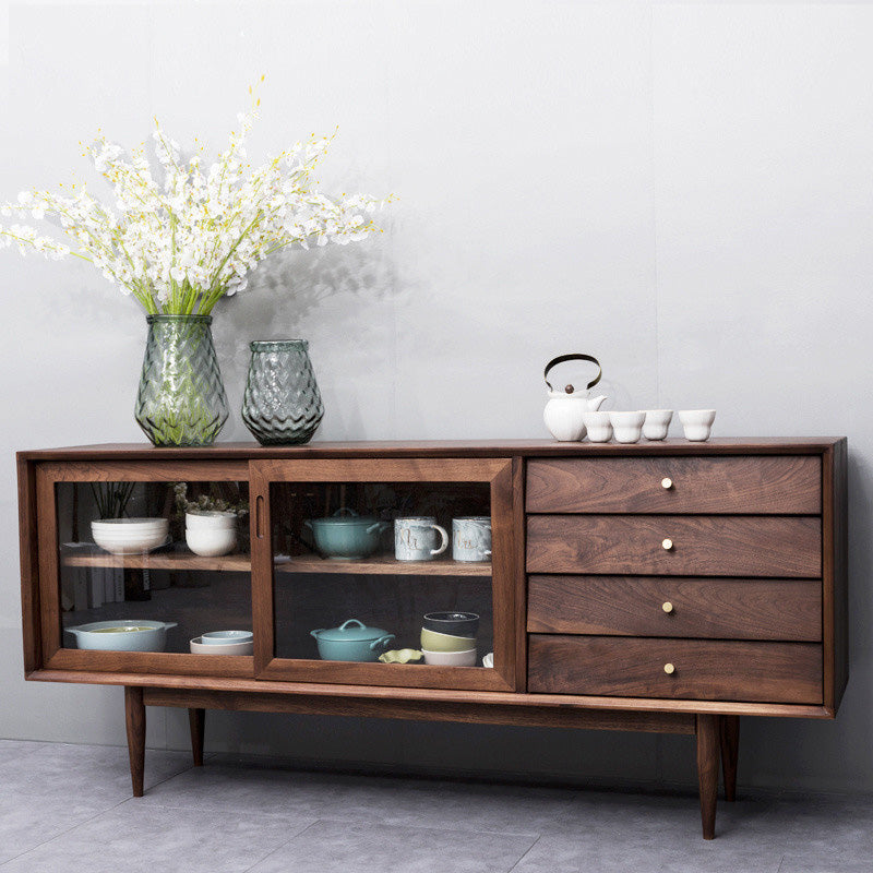 Modern Sideboard 4-drawer Solid Wood Dining Buffet with Sliding Door