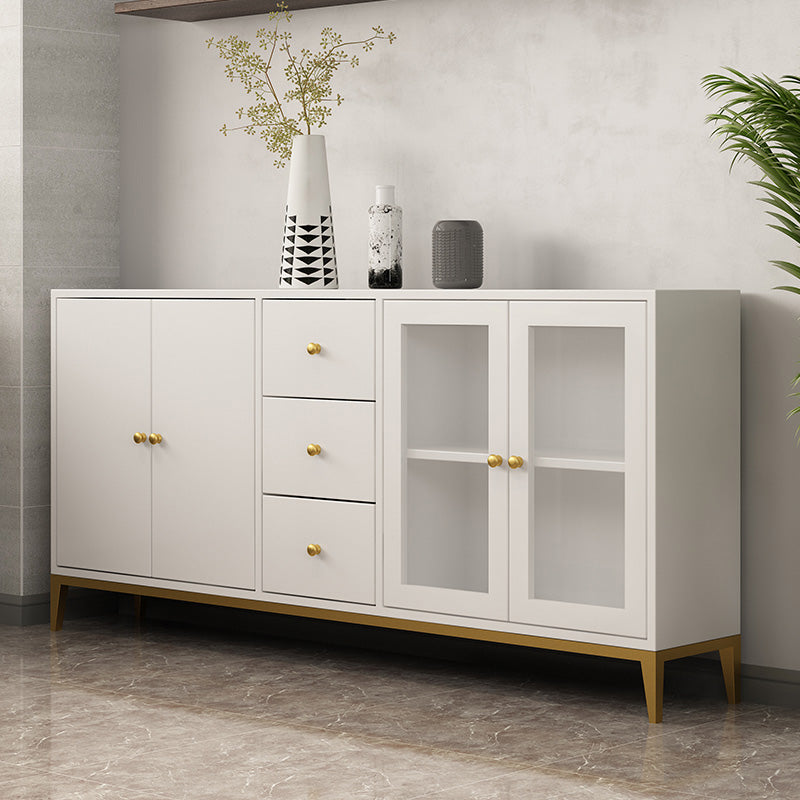 White Engineered Wood Sideboard Drawer Dining Server with Metal Legs