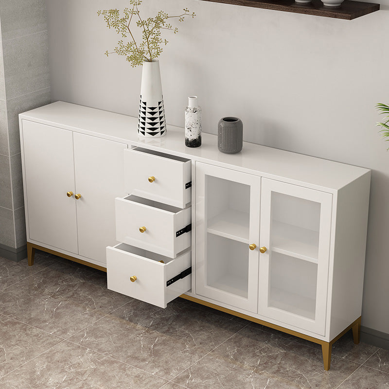 White Engineered Wood Sideboard Drawer Dining Server with Metal Legs