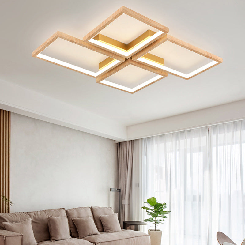 Modern Style Square Shape Flush Mount 4-Lights Wood Ceiling Light for Living Room